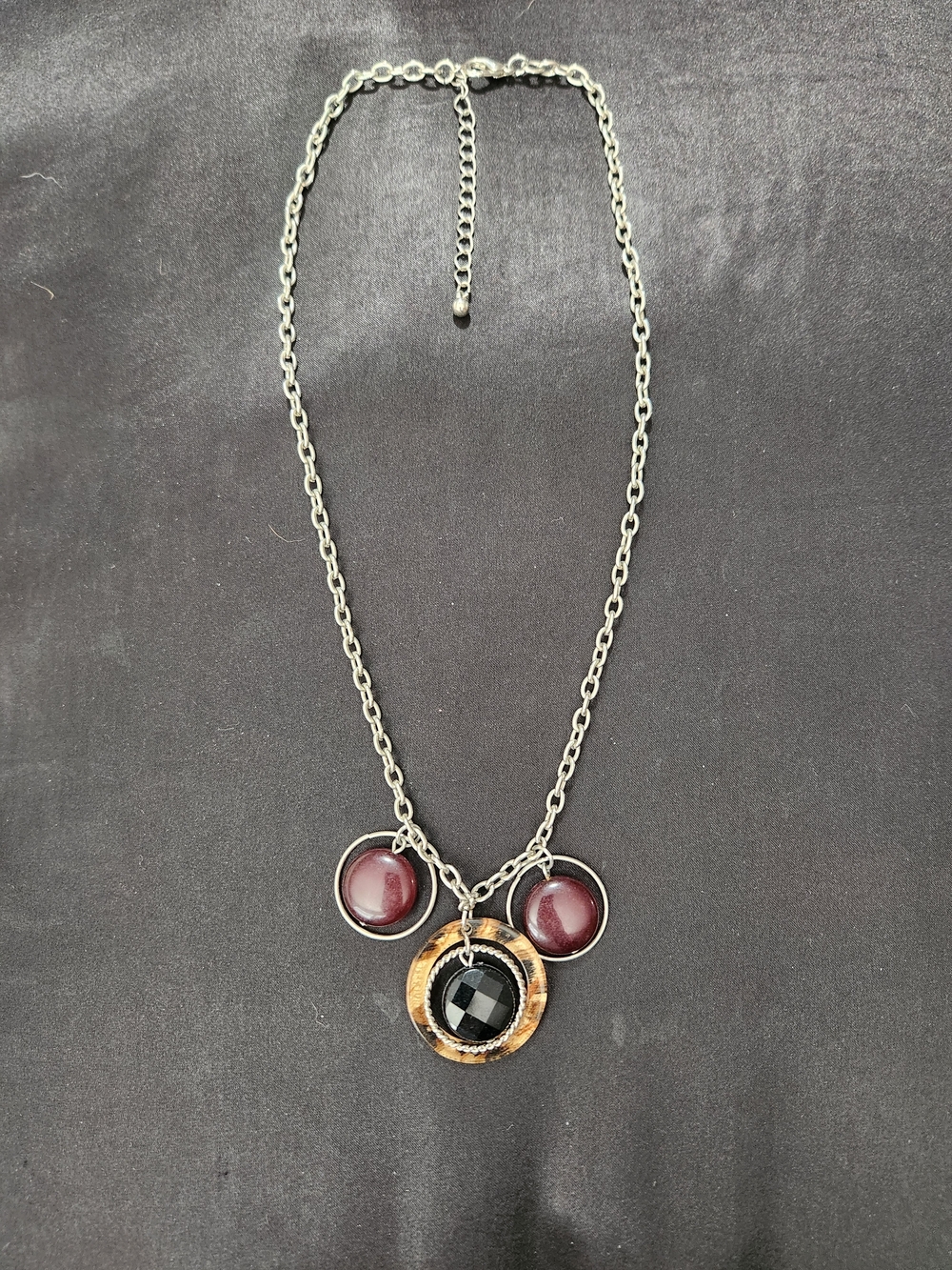 Silver Tone Chain Necklace with Burgundy and Black Pendant